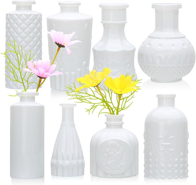 White Flower Vase Set, Glass Bud Vase in Bulk Set of 8,Artistic and Cultural Flavor Mini Vases for Home Office Decor, Bedroom, Office, Living Room Decorations,Wedding