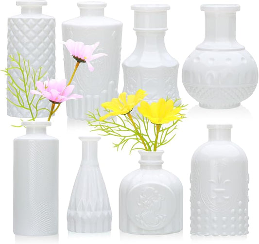 White Flower Vase Set, Glass Bud Vase in Bulk Set of 8,Artistic and Cultural Flavor Mini Vases for Home Office Decor, Bedroom, Office, Living Room Decorations,Wedding