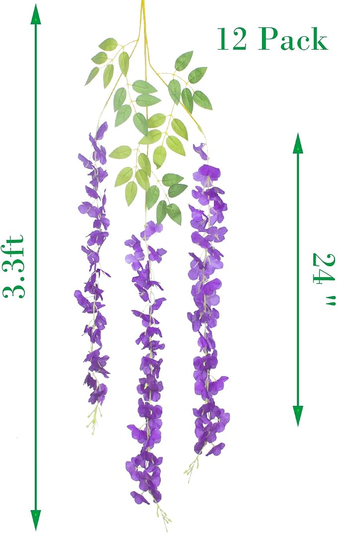 AITISOR 12 Pack Artificial Flowers Silk Wisteria Vine Ratta Hanging Flower (Blue)