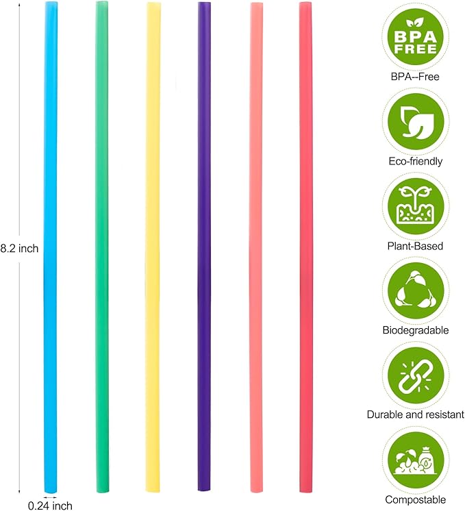 [300 Pcs] Biodegradable Compostable Disposable Colorful Straws - PLA Plant Based Drinking Straws for Juice Coffee Cocktail Cold Drinks (8.25" LongX0.23" Wide)
