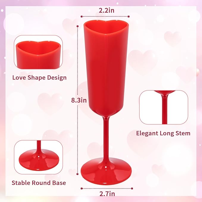 Valentines Day Heart Shaped Wine Glass 6 OZ Elegant Plastic Reusable Wedding Champagne Flutes Galentines Party Acrylic Wine Colored Cups Mimosa Cocktail Toasting Goblets for Birthday Bridal (Red,48）