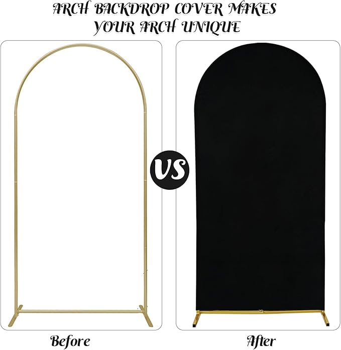 Set of 2 Wedding Arch Cover 2-Sided Round Top Spandex Fitted Arch Backdrop Cover for Birthday Party Baby Shower Wedding Arch Stand Decor（7.2FT, 6.6FT, Black）