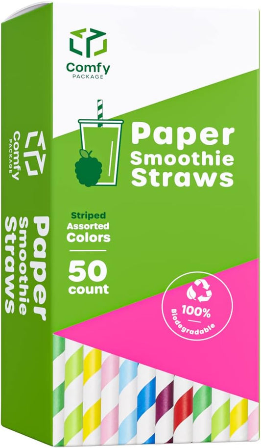 Comfy Package [50 Count] 10 mm Jumbo Paper Smoothie & Boba Straws - Biodegradable Paper Straws for Milkshakes, Smoothies & Bubble Tea, Assorted Colors