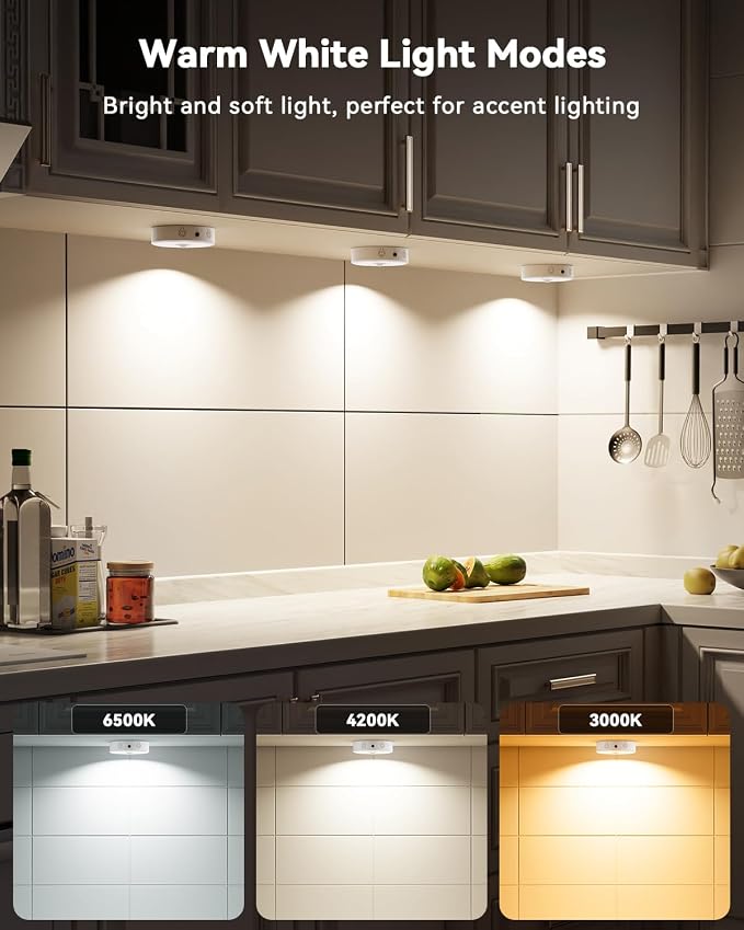 LENOMA Puck Lights with Remote, Rechargeable Under Cabinet Lighting, 3 Color Temps, 12 RGB Color LED Motion Sensor Lights Wireless, Dimmable Tap Lights for Closet, Kitchen, Shelf, Stair, 8 Pack