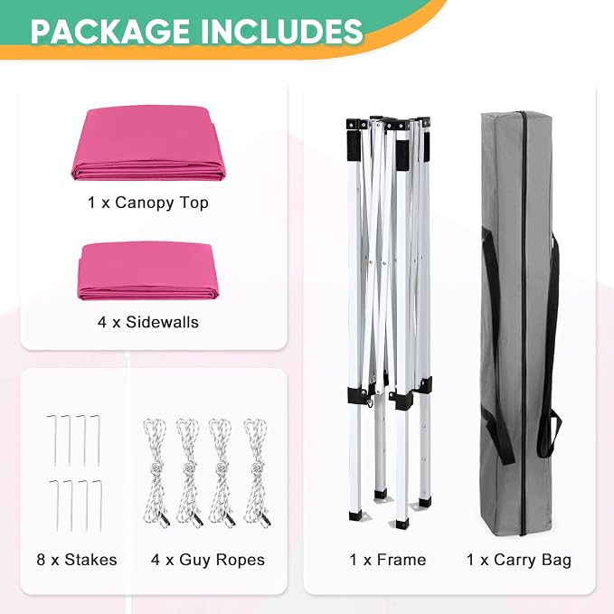 5x5 Pop Up Canopy Tent with Four Sidewalls, Instant Portable Beach Canopy, Outdoor Tent with Carry Bag for Camping, Sports, Tailgating, Events, Pink