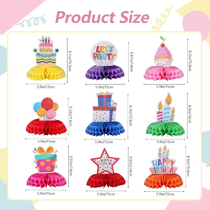 15 Pcs Birthday Table Centerpieces Set - Colorful Honeycomb Balls & Wooden Table Standing Sign Decor Kit for Party, Home Celebration Supplies