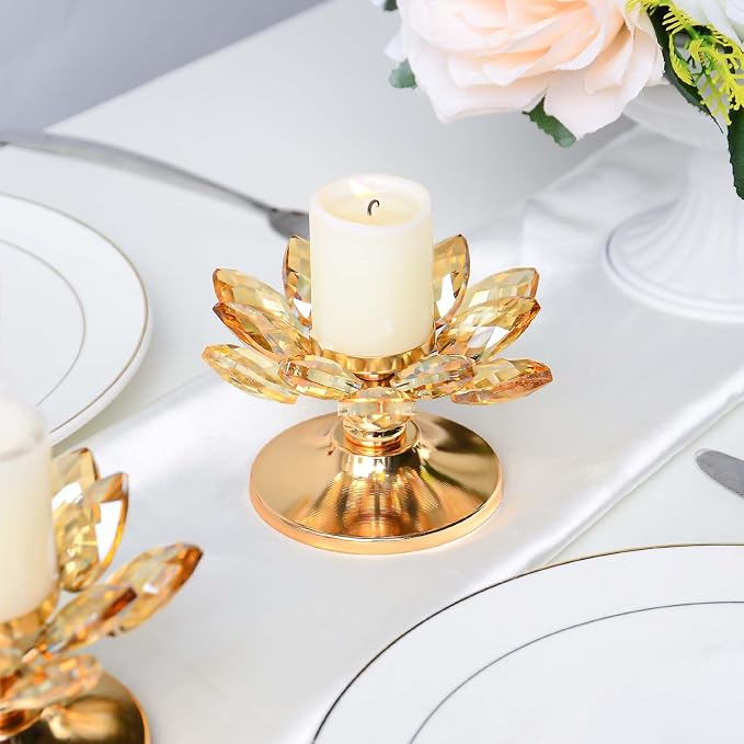 4 PCS Gold Crystal Flower Tea Light Holder, Glass Tealight Candlestick with Metal Base, Votive Candle for Table Centerpiece, Wedding/Parties Decor, Nice Gift