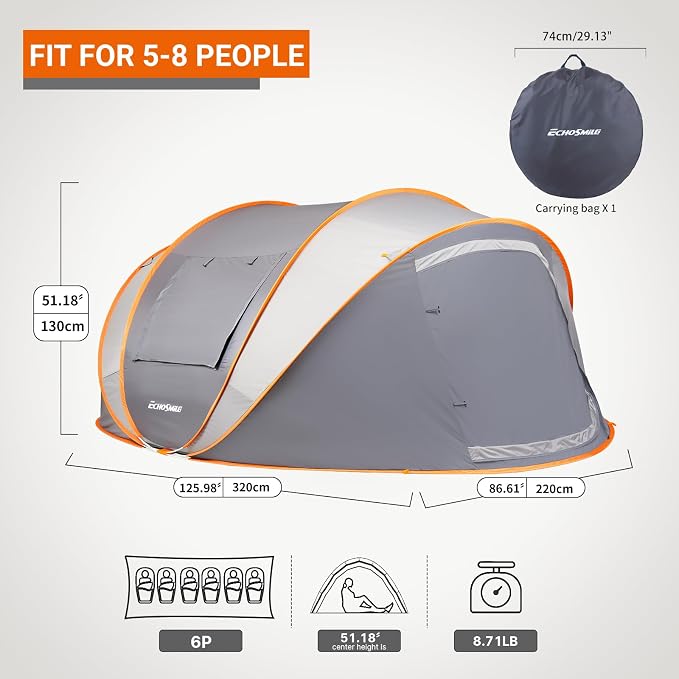 EchoSmile Pop Up Camping Tent, 2/4/6 Person Easy Setup Tent, Water Resistant Dome, Portable with Carry Bag