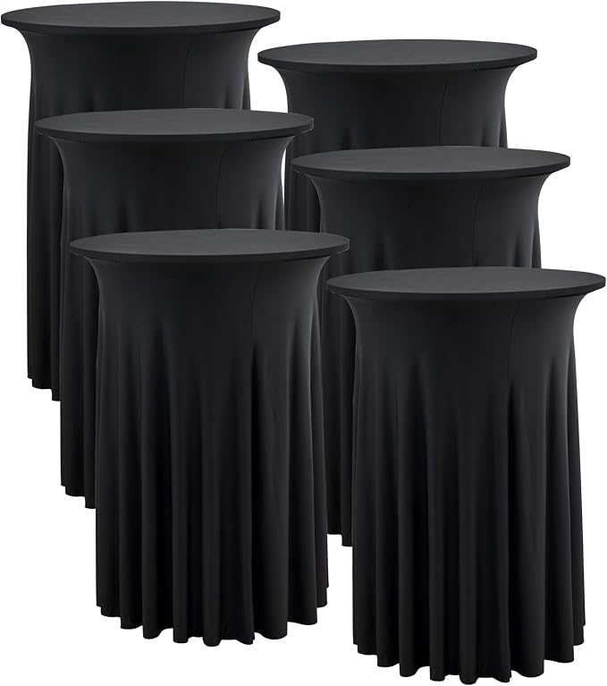6 pk Black Cocktail Table Cloth Round 32×43in-High Top Highboy Bar Cocktail Tablecloths-Wrinkle Free Stretchy Fitted Spandex Table Covers with Ruffle Desk Skirt for Wedding Banquet Party Tables