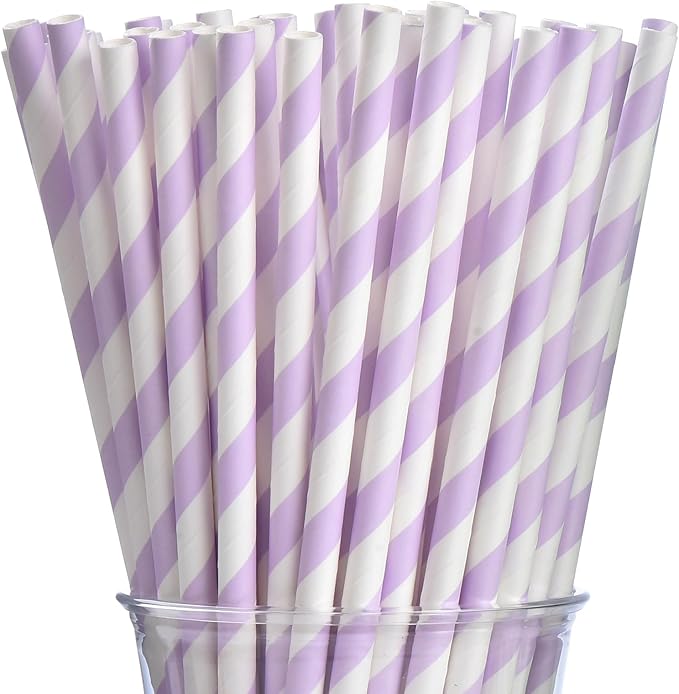 ALINK 100 Light Purple and White Striped Paper Straws, Biodegradable Disposable Drinking Straws for Valentine's Day, Brithday, New Year, Party Decoration Supplies