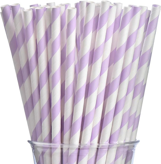 ALINK 100 Light Purple and White Striped Paper Straws, Biodegradable Disposable Drinking Straws for Valentine's Day, Brithday, New Year, Party Decoration Supplies