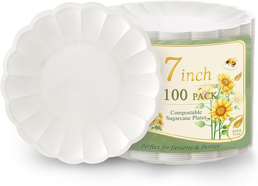 WELLIFE 100 Count 7 Inch Scalloped Dessert Plates - Elegant Floral Shape for Cake, Birthday Party, Baby Shower,Wedding - Compostable Bagasse & Leak Resistant, Microwave Safe