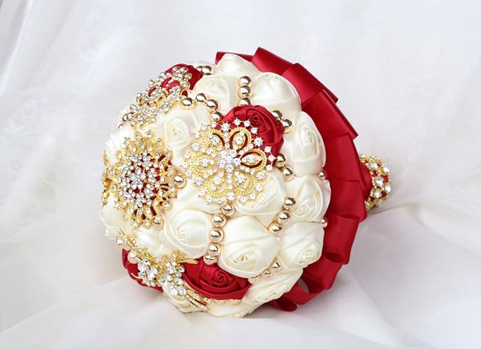 Bridal Wedding Bouquet Luxury Gold Rhinestone Brooch Bouquet for Bride Bridesmaid Quinceanera Artificial Satin Rose Flower Bouquet Wedding Burgundy and Ivory 7.1in
