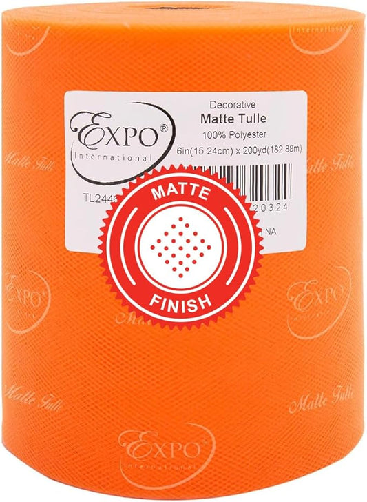Expo International Decorative Matte Tulle, Roll/Spool of 6” X 200 Yards, Lightweight Polyester Tulle Fabric for Tutus, Costumes, and Party Decorations, Washable, Easy-to-Use, Orange