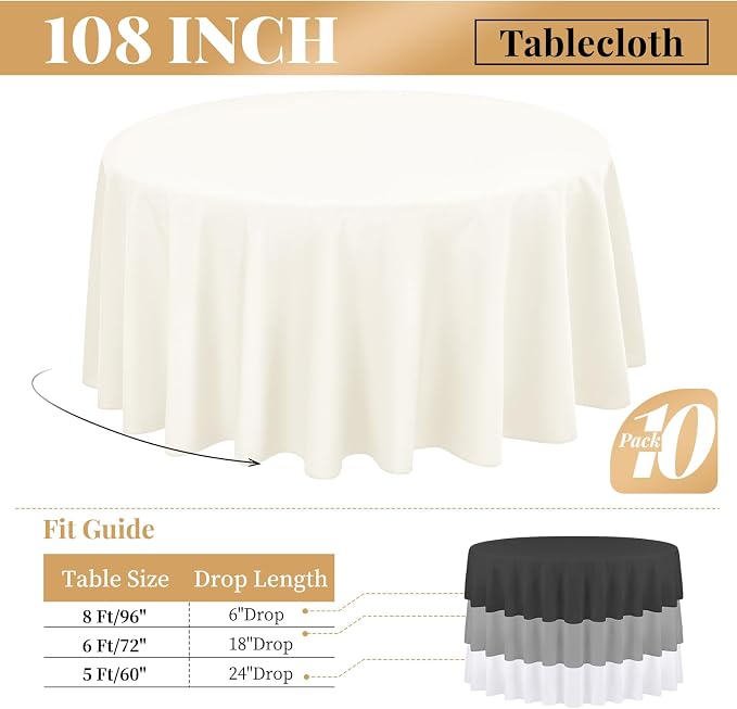 fani 10 Pack 108 Inch Round Tablecloth, Ivory Polyester Fabric Table Cloth for Round Table, Stain and Wrinkle Washable Table Cover for Wedding Party Dining Table Buffet Banquet Restaurant and Camping
