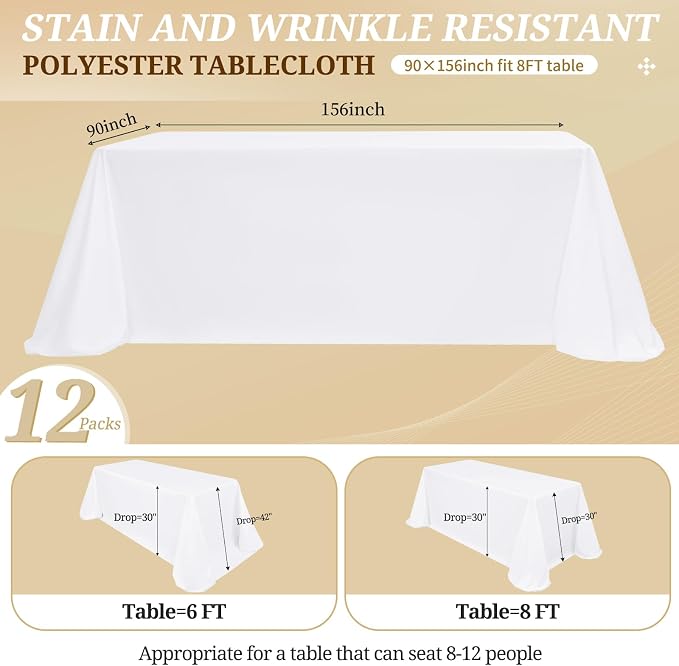 12 Pack White Tablecloths for 8ft Rectangle Tables 90 x 156 Inch - Polyester Table Cover Stain and Wrinkle Resistant Washable Fabric Table Clothes for Wedding Party Banquet Reception Restaurant