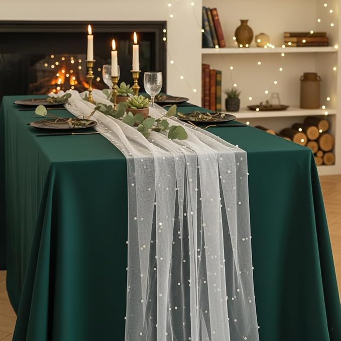 Pearl Table Runner 10FT,White Tulle Runners Rustic Lace Fabric Centerpieces for Wedding Arch Birthday Bridal Veil Baby Shower Decorations Sheer Dining Holiday Decor for Party 30" X 120" 1pc