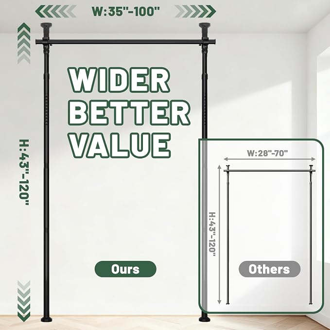 Jilron Tension Curtain Rods No Drill Adjustable Room Divider, Tension Rod for Room Separator and Partition Room Dividers, Easy Installation for Bedroom & Apartment (Black - W35-100 × H43-120 in)
