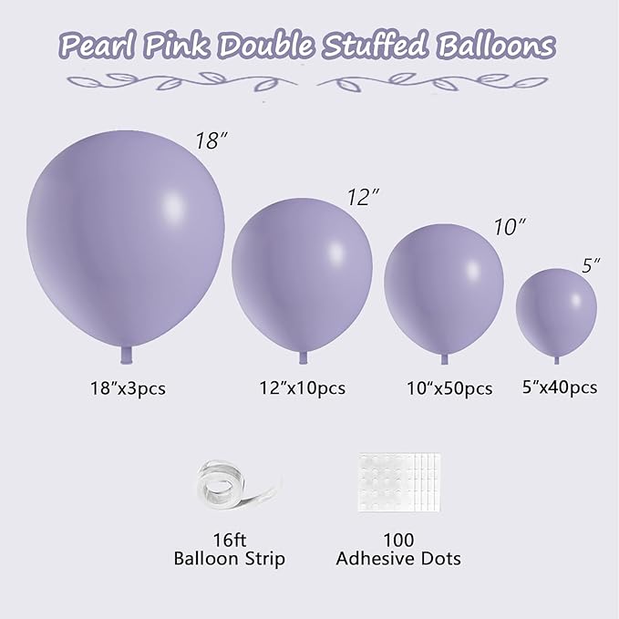108Pcs Lavender Double Stuffed Balloons Different Size, 18/12/10/5 inch Dusty Light Purple Lilac Balloons Garland Arch kit for Baby Shower Bridal Wedding Birthday Party Decoration