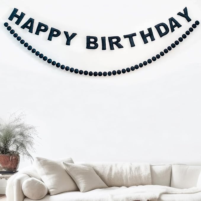 Meygajoe Pre-Strung Felt Happy Birthday Banner,Reusable HAPPY BIRTHDAY Garland,Birthday Banner Decorations,Personalized Happy Birthday Sign for Birthday Decor,Party Decor,Photo Prop (Black) M-123