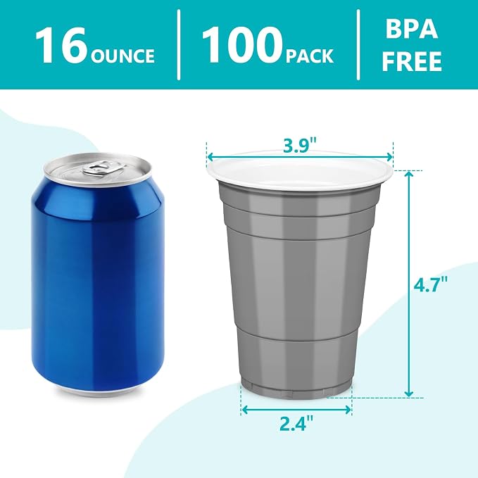 LANLISA 100 Gray Plastic Cups, 16 oz Disposable Cups, Drinking Cups For Party Supplies