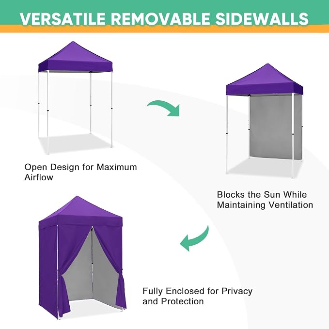 5x5 Pop Up Canopy Tent with Four Sidewalls, Instant Portable Beach Canopy, Outdoor Tent with Carry Bag for Camping, Sports, Tailgating, Events, Purple