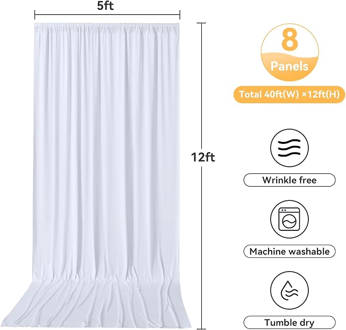 8 Panels 5x12ft White Backdrop Curtains for Wedding Parties, Wrinkle Free Polyester Photo Backdrop Drapes 12 ft Long Back Drop Cloth Drapery for Birthday Baby Shower Photography Party Background