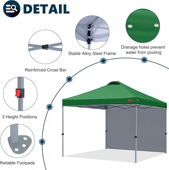 MASTERCANOPY 8x8 Pop Up Canopy Tent with 1 Sidewall, 1 Person Setup Instant Shelter, Outdoor Portable Beach Canopy, 1 Roller Bag, 4 Sandbags, 4 Ropes, 8 Stakes (8x8, Forest Green)