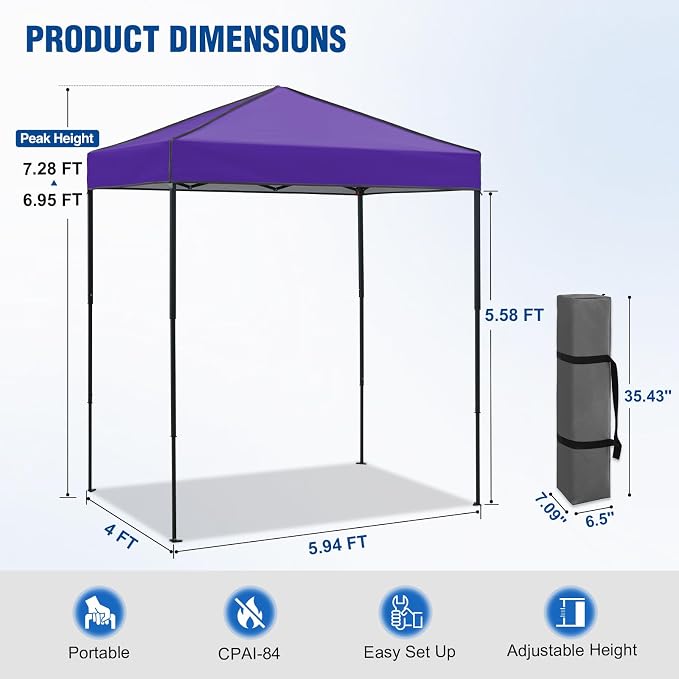 6x4 Pop Up Canopy Tent, Instant Portable Beach Canopy, Outdoor Tent with Carry Bag for Camping, Sports, Tailgating, Events, Purple