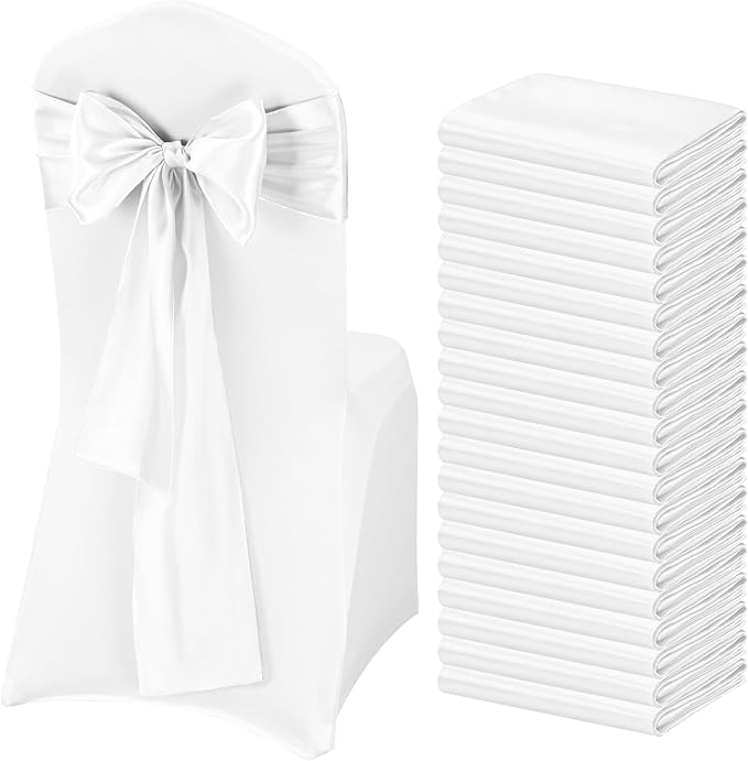 Pesonlook 60 PCS White Satin Chair Sashes Bows Satin Chair Sashes Universal Chair Cover for Wedding Reception Restaurant Event Decoration Banquet,Party,Hotel Event Decorations (7 x 108 inch)