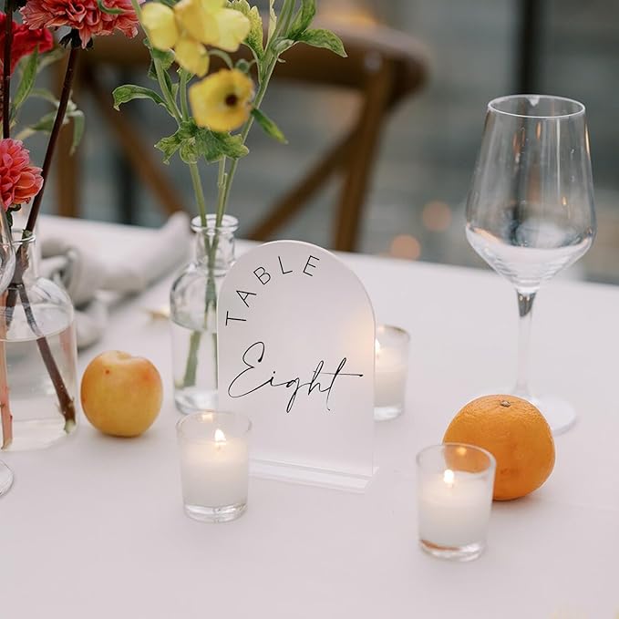 JINMURY Frosted Arch Wedding Table Numbers 1-15 with Stands, 5x7 Inch Frosted Arch Acrylic Sign with Black Letters, Arched Acrylic Table Numbers for Wedding Reception