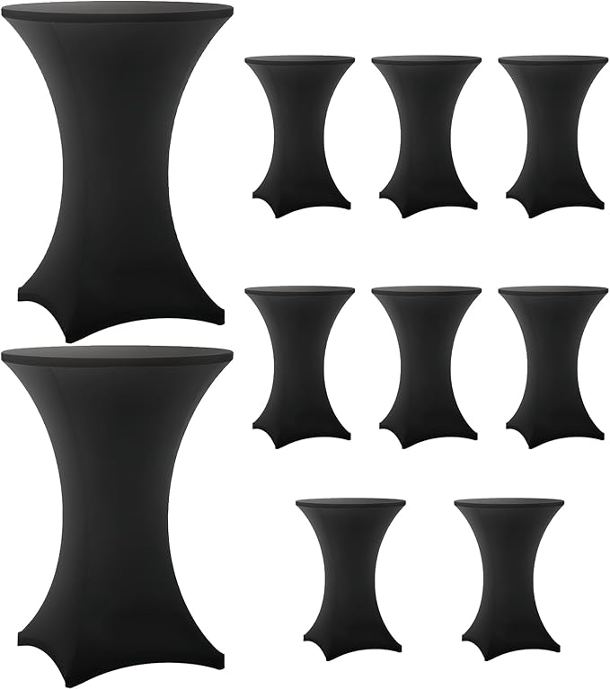 Cocktail Table Covers - 10 Pack 32x43 Inch Table Cloth - Black Fitted Stretch Spandex Round High Top Tablecloth for Party, Bar, Birthday, Pub, Banquet