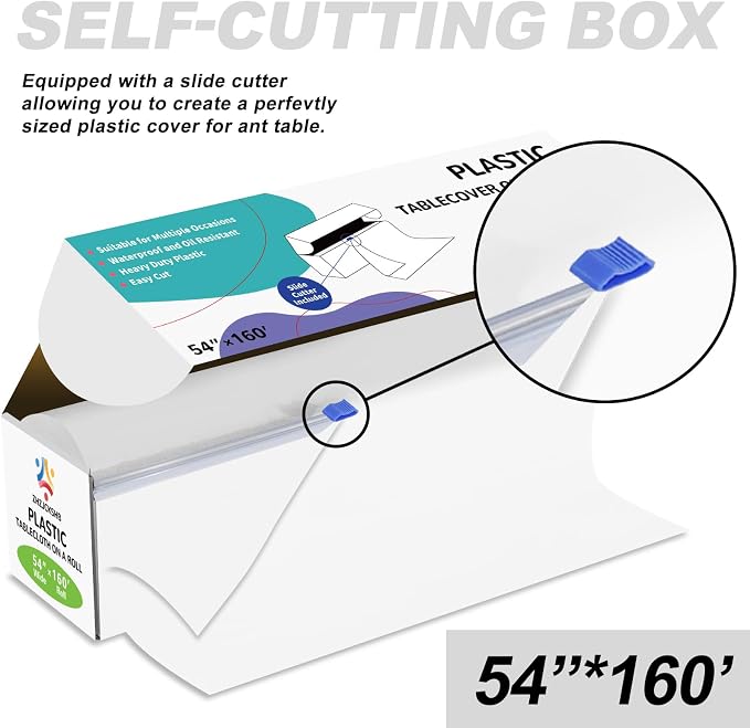 54IN X 160FT Plastic Table Cover Roll with Cutter Box, Cut to Size Plastic Table Cloths for Parties, Birthday, Disposable Tablecloth Roll for All Shape Tables (White, 54 Inch X 160 Feet)