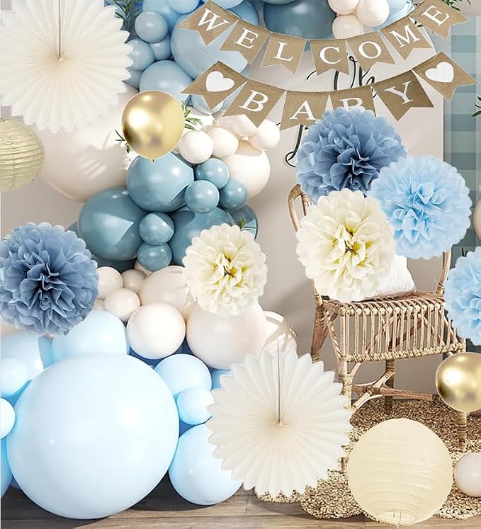 Baby Shower Decorations for Boys with Rustic Burlap Welcome Banner and Dusty Blue Balloons Paper Party Supplies (Pastel Blue + Gold)