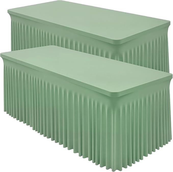2 Packs Sage Green Spandex Table Cloths 8 Foot, Fitted Stretch Table Cover with Skirts 30x96 Inch, Wrinkle-Free Floor Length Tablecloths Rectangular for Weddings Parties Banquets Events Decorations