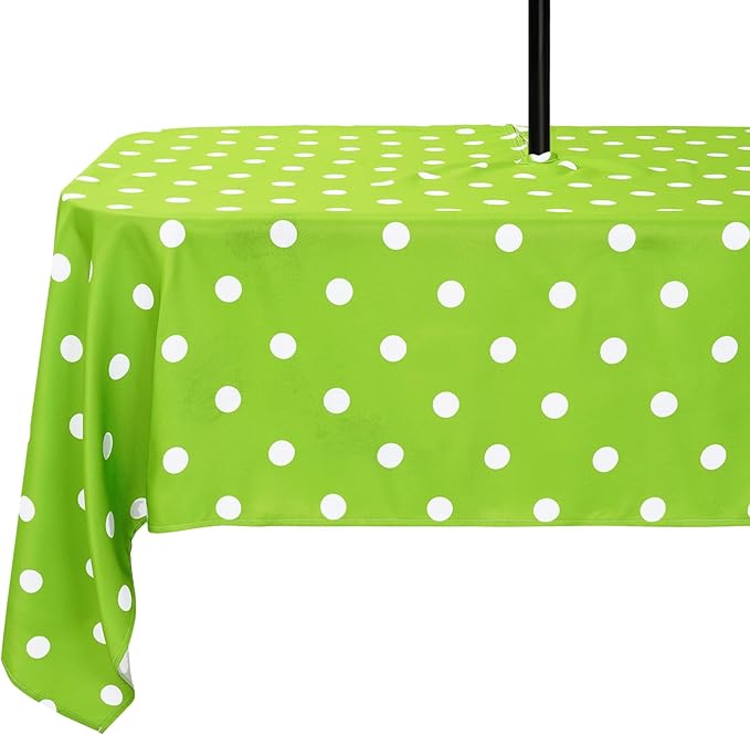 Poise3EHome 60X84 Outdoor Spillproof Rectangle Tablecloth with Umbrella Hole and Zipper for Camping Picnic Party Patio Table Spring, Green Polka Dot