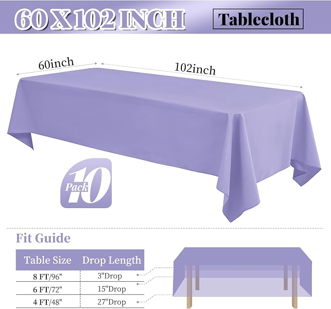 fani 10 Pack 60 x 102 Inch Tablecloth, Lavender Tablecloth for 6 Feet Rectangle Tables, Stain and Wrinkle Resistant Washable Fabric Table Cloth for Wedding Party Dining Table Buffet Parties Camping