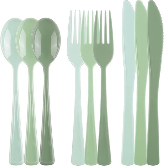 Kochorie 300 Pieces Graduation Sage Green Plastic Silverware Heavy Duty Plastic Cutlery Set Heavyweight Disposable Flatware Includes Spoons Forks Knives for Birthday Party Prom Night Wedding Dinner