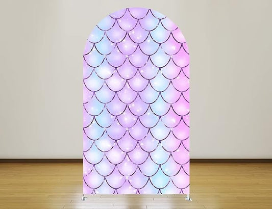 FiVan Under The Sea Mermaid Theme Arch Cover Backdrop Spandex Background for Girl Birthday Party Decoration (5×3ft,Purple Fish Scales)