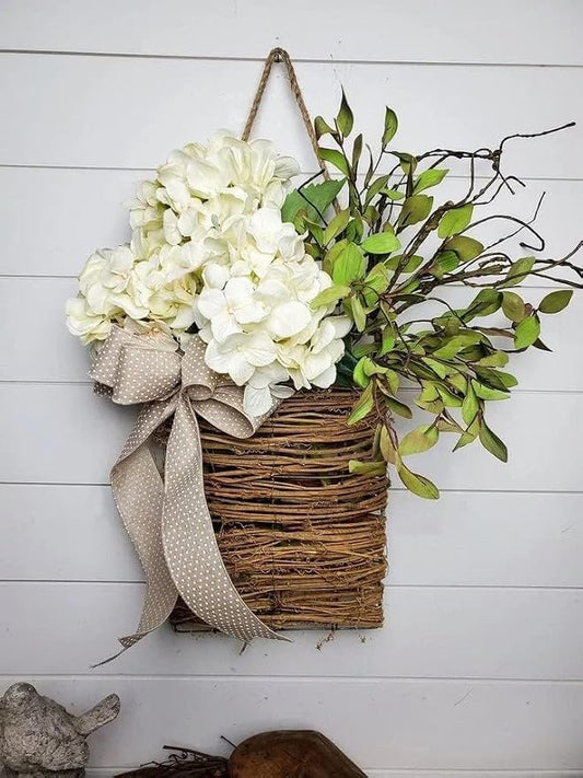 Cream Hydrangea Door Hanger Basket Wreath - Farmhouse Spring Wreath with Wildflowers, Mother's Day Decor, Artificial Rattan Hanging Basket for Porch, Wall, Home Decor