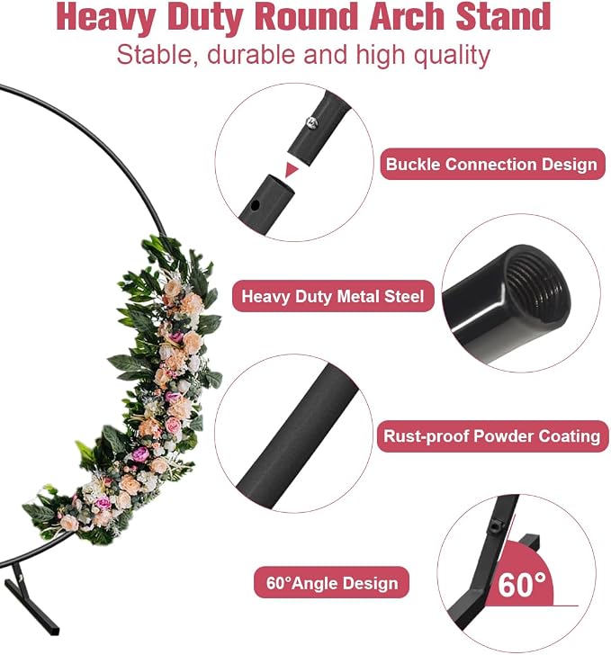 7 Ft Round Wedding Arch Stand with Metal Base for Flower Balloon Decoration, Circle Backdrop Stand Frame for Ceremony, Birthday Party, Baby Shower, Black