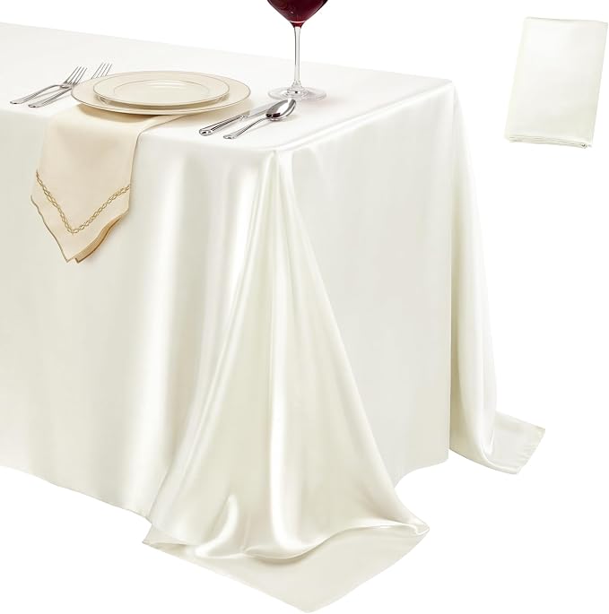 1 Pack Ivory Satin Tablecloth 58 x 102 Inches, Rectangular Satin Table Cloths for Wedding Reception, Birthday Party, Graduation & Holiday Banquet Tables