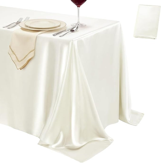 1 Pack Ivory Satin Tablecloth 58 x 102 Inches, Rectangular Satin Table Cloths for Wedding Reception, Birthday Party, Graduation & Holiday Banquet Tables