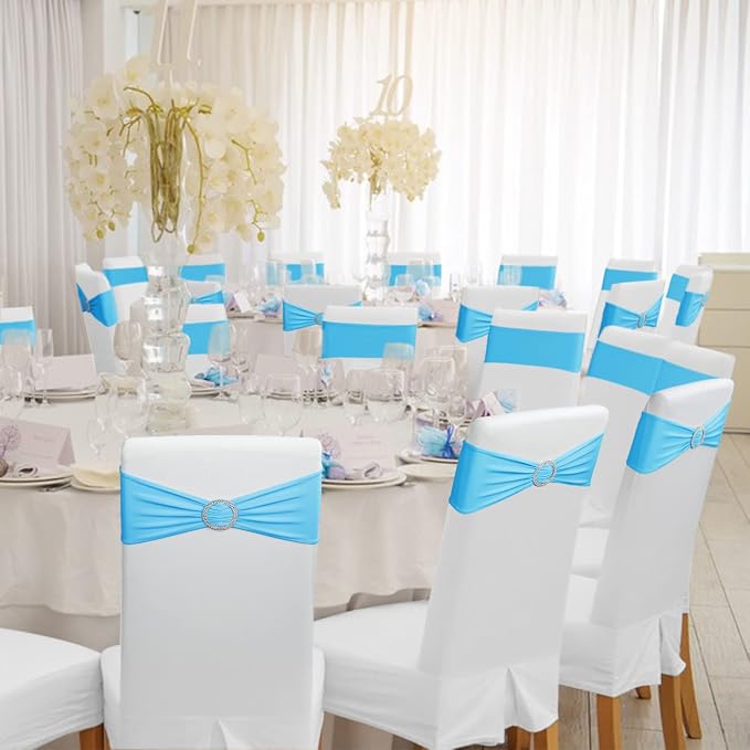 Babenest Spandex Chair Sashes Bows 50PCS Premium Stretch Chair Cover Band with Buckle Slider Universal Elastic Chair Ties for Wedding Party Ceremony Reception Banquet Decoration (Sky Bule)