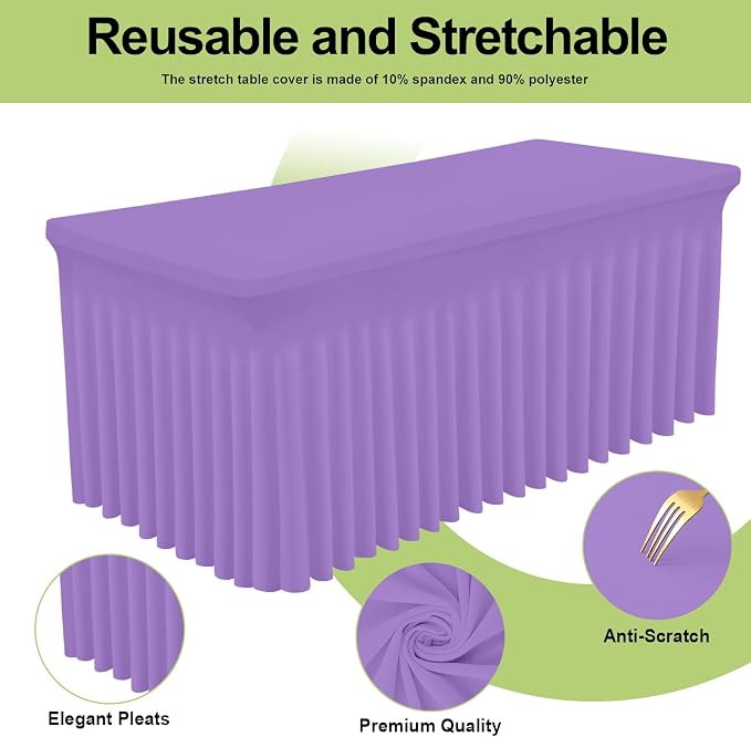 Smiry Spandex Tablecloth 2 Pack, Elastic Fitted Stretch Tablecloth for 8FT Rectangle Tables, Waterproof Washable Table Cover Skirt for Wedding, Banquet & Parties (Lavender, 96Lx30Wx30H Inch)