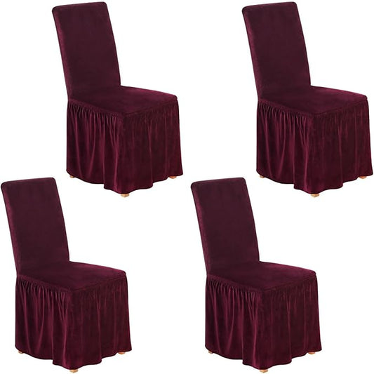 NICEEC Spandex Chair Covers for Dining Chairs Covers Set of 4 Removable Dining Room Chair Covers with Skirt Parson Chair Slipcovers Washable Chair Protector for Kitchen Wedding Party(Wine Red)
