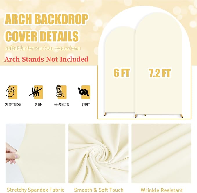 FUHSY Ivory Arch Covers Stretchy Backdrop Set of 2 Spandex Fitted Arch Cover 6FT, 7.2FT Party Backdrop Balloon Arches Covers Fabric Cream Arches Stand Covers for Birthday Baby Shower Wedding Decor