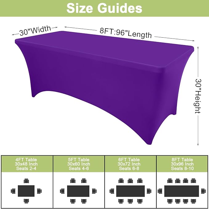Moosfor Spandex Elastic Fitted 8FT Rectangle Tablecloth 6 Pack, Stretch Washable Reusable Table Cover for Outdoor Picnic, Dining, Wedding, Banquet & Party Events (Purple, 96Lx30Wx30H Inch)