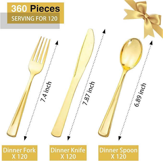 Supernal 360pcs Gold Plastic Silverware Heavy Duty Disposable Cutlery Gold flatware Sets Include 120 Forks, 120 Knives, 120 Spoons, Suitable for Party, Birthday, Wedding | Disposable Flatware Gold Plastic Utensils for bulk catering wedding banquet Upsc...