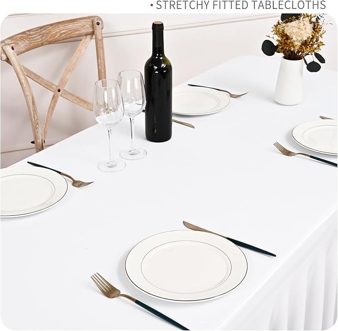 2 Packs White Stretch Table Skirts for 6 Foot Rectangle Table, Washable Spandex Stretch Tablecloths with Skirt, Wrinkle Resistant Fitted Tablecover for Wedding Party Banquet